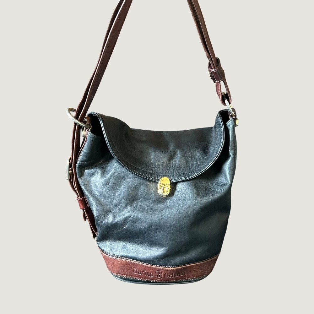 Vtg Marino Orlandi Black Brown Leather Bucket Bag Italian Hobo Shoulder Bag